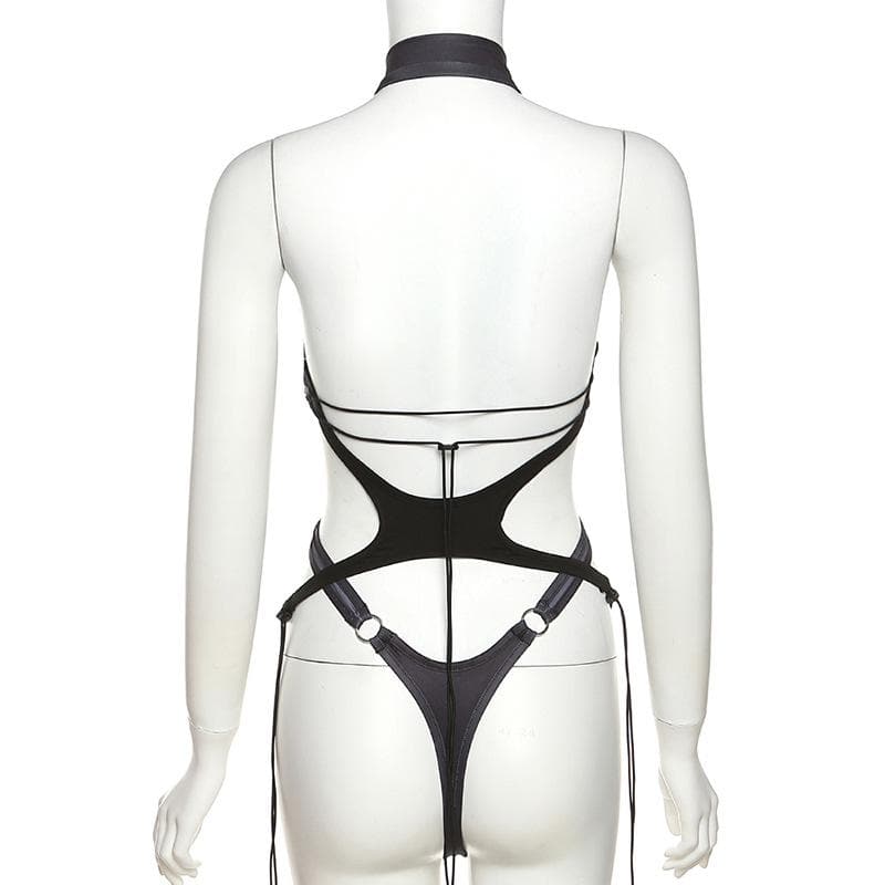 Sleeveless hollow out contrast print halter backless bodysuit – image 7