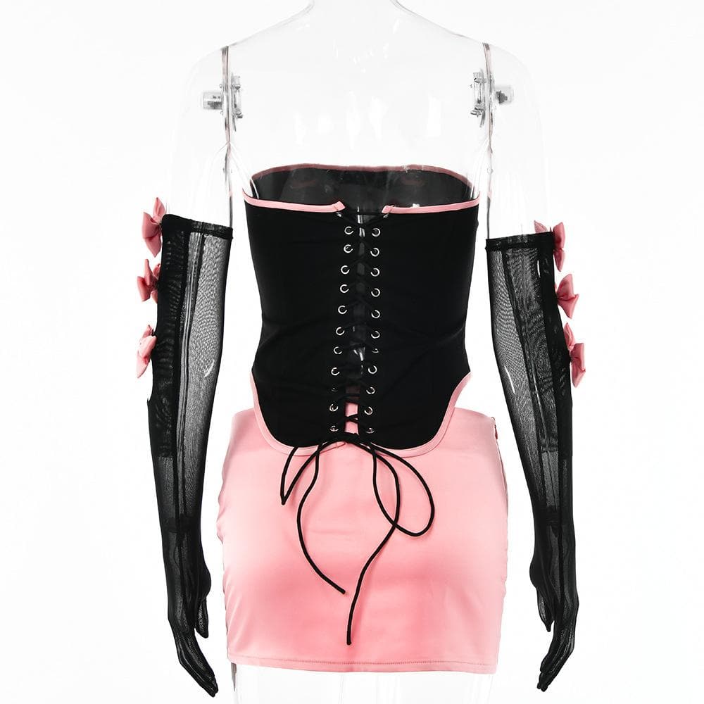 Mesh contrast bowknot gloves lace up tube backless mini skirt set – image 5