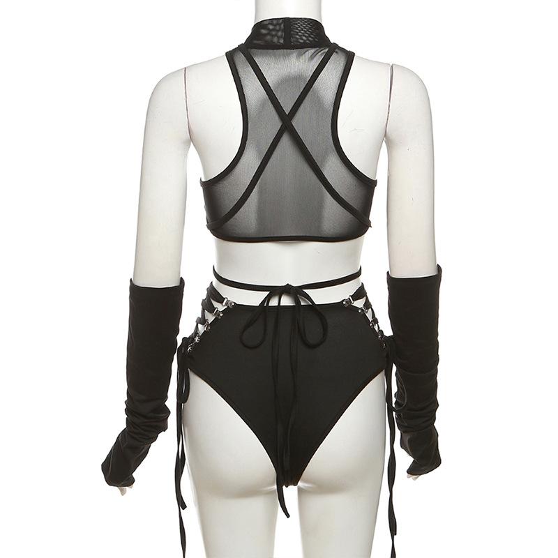 High neck o ring hollow out lace up gloves bodysuit – image 13