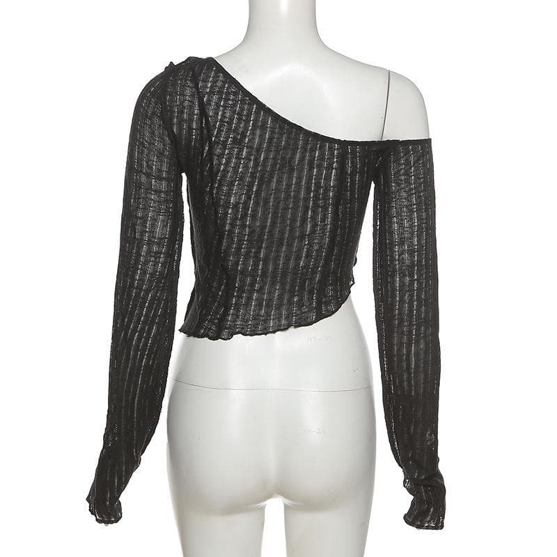 Long sleeve one off shoulder see through ruffled top – image 7