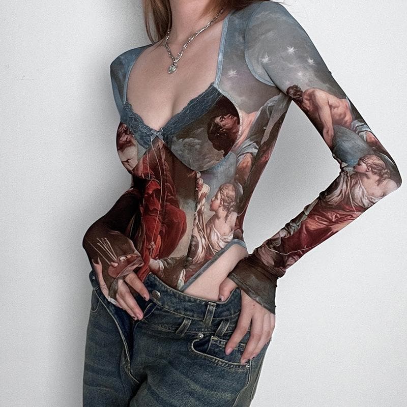Abstract contrast mesh long sleeve lace hem bodysuit – image 3