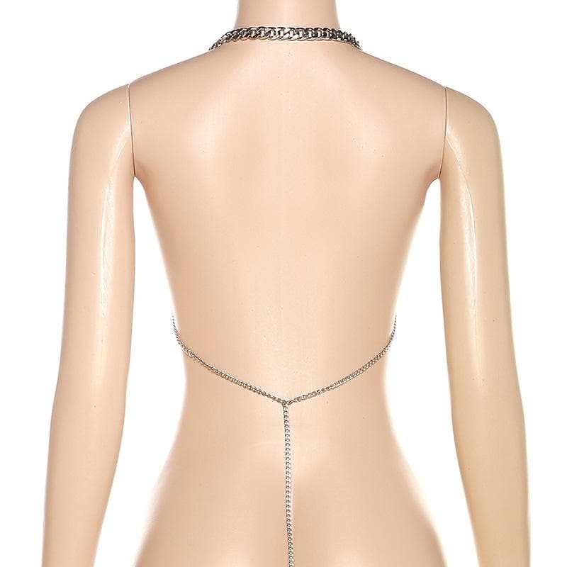 Metal chain see through o ring halter backless crop top – image 7