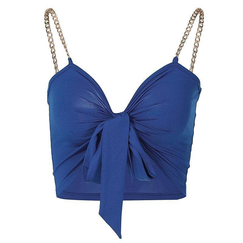 Metal chain knotted ruched solid crop top – image 4