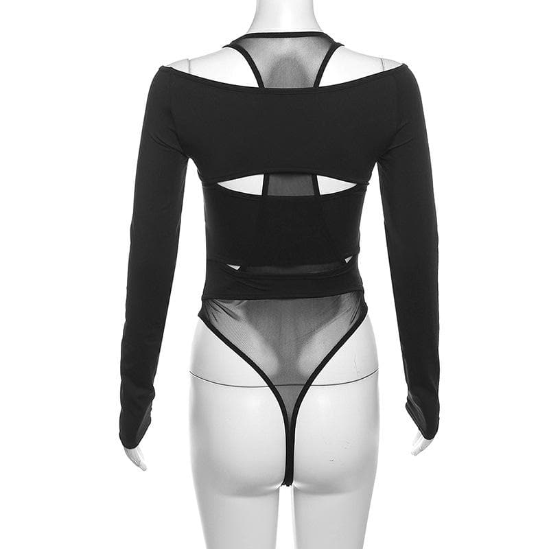 Hollow out solid long sleeve off shoulder mesh bodysuit – image 6