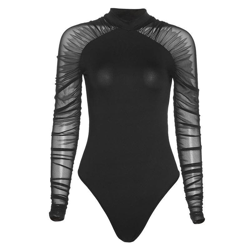 High neck mesh see-through ruched bodysuit – image 2