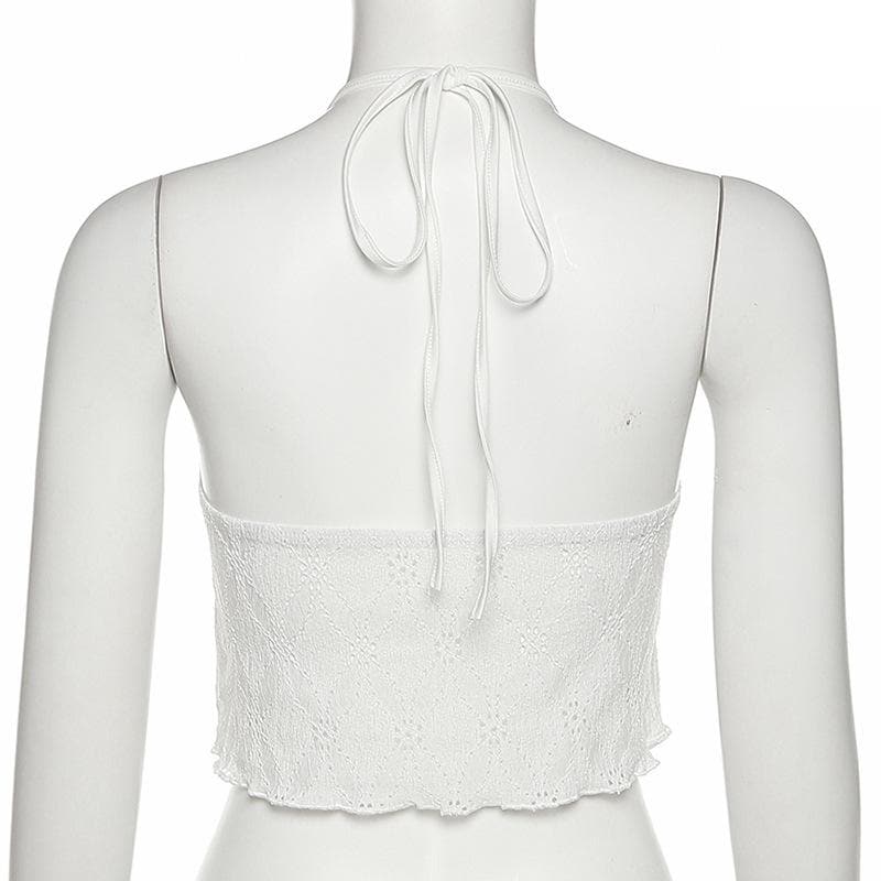 Backless self tie textured halter sleeveless ruffle crop top – image 5