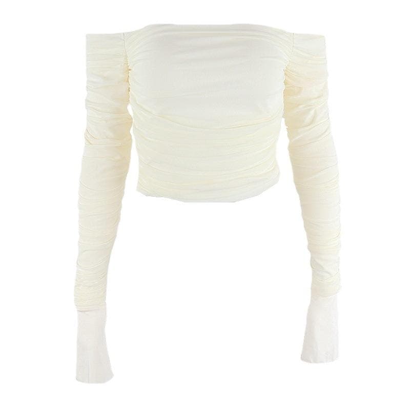 Double layered mesh off shoulder ruched long sleeve solid crop top – image 8