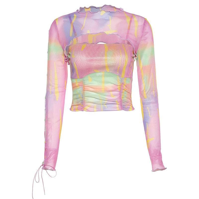 Long sleeve ruffled hollow out mesh cut out top – image 2