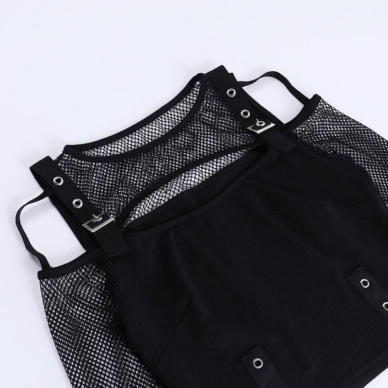 Fishnet patchwork off shoulder buckle long sleeve crop top – image 6
