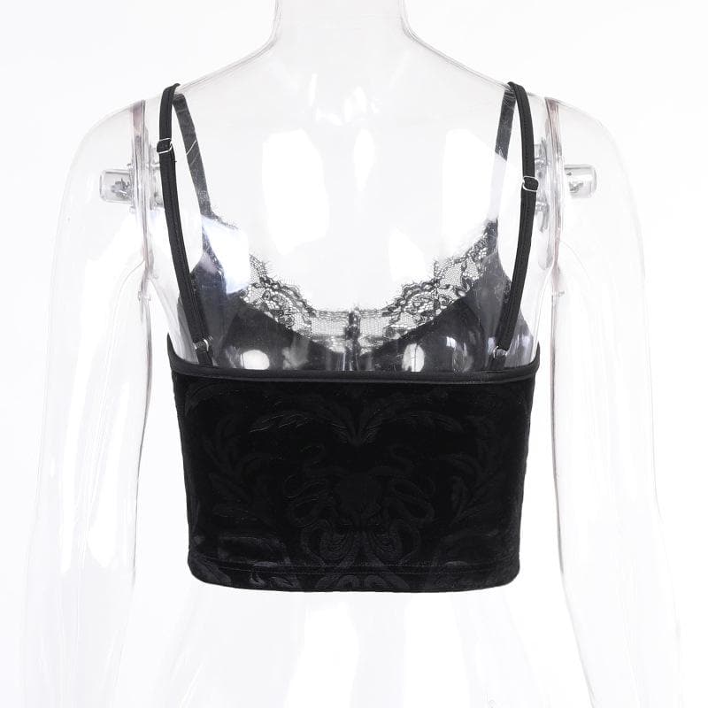 Velvet pattern eyelash lace v neck cami top – image 5