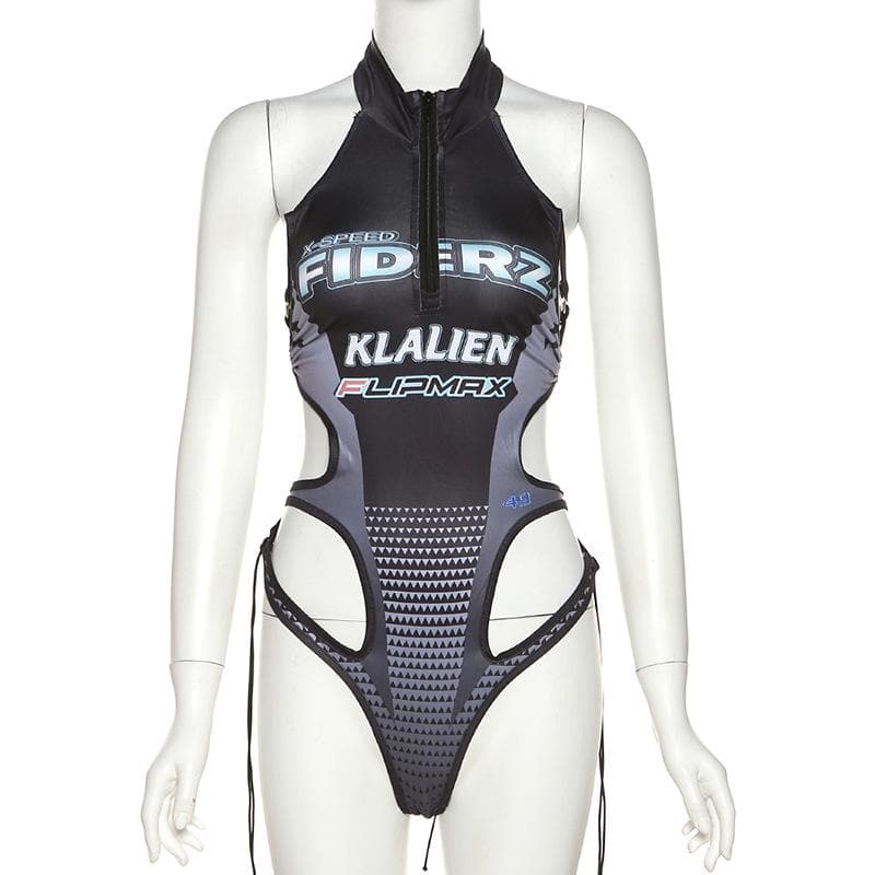 Sleeveless hollow out contrast print halter backless bodysuit – image 5