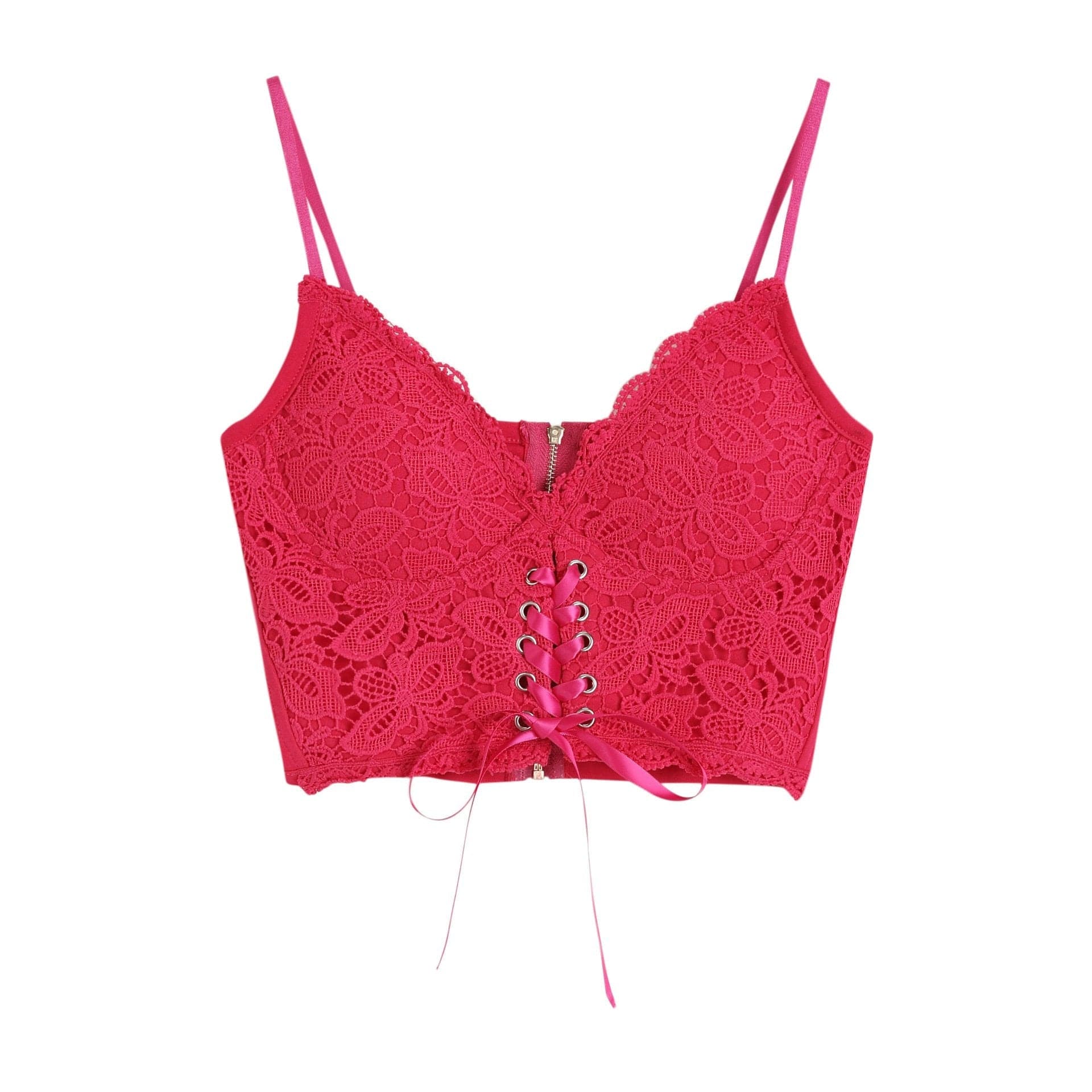 V neck heart neck solid lace up zip-up lace hem cami top – image 4