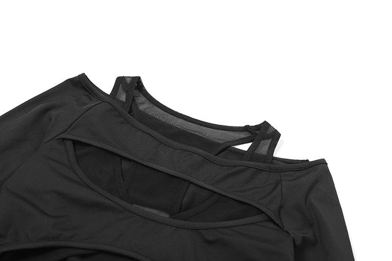 Hollow out solid long sleeve off shoulder mesh bodysuit – image 7