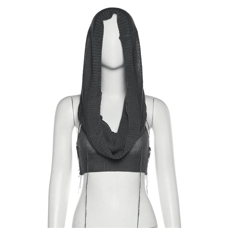Solid sleeveless knitted stitch hoodie crop top – image 9