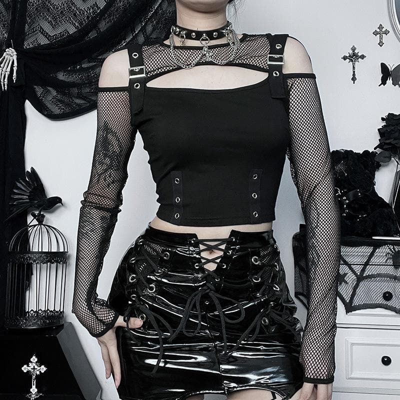 Fishnet patchwork off shoulder buckle long sleeve crop top – image 2