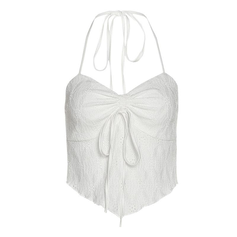 Backless self tie textured halter sleeveless ruffle crop top – image 2