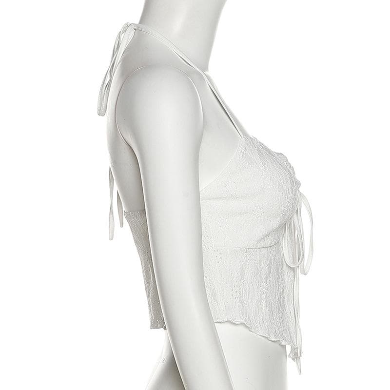 Backless self tie textured halter sleeveless ruffle crop top – image 4