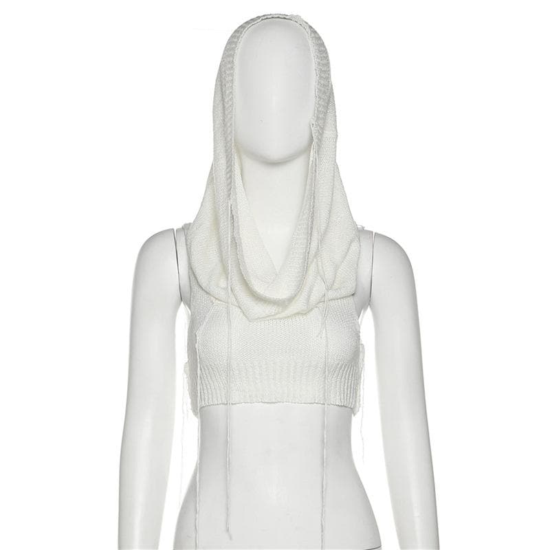 Solid sleeveless knitted stitch hoodie crop top – image 8