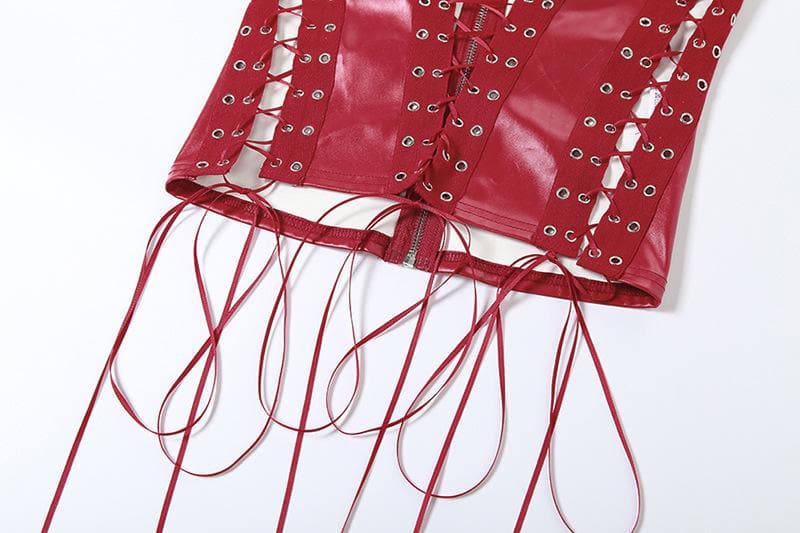 Lace up zip-up PU leather solid corset tube top – image 9