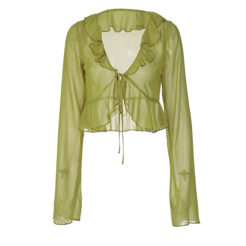 Chiffon see through ruffled long sleeve top – image 2