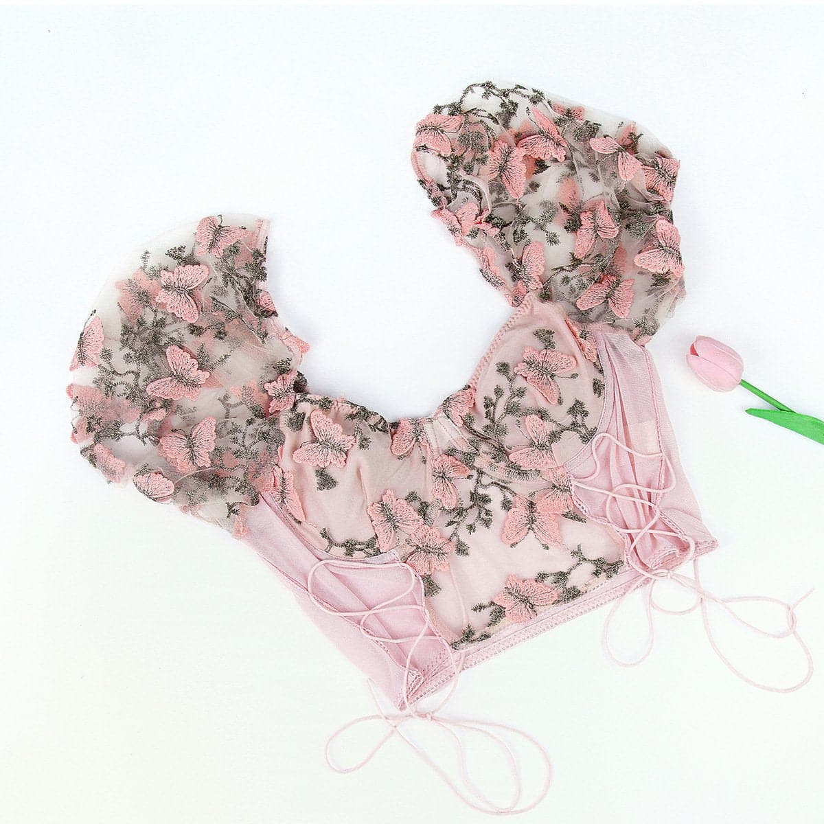 Butterfly embroidery drawstring mesh lace up bustier crop top – image 9