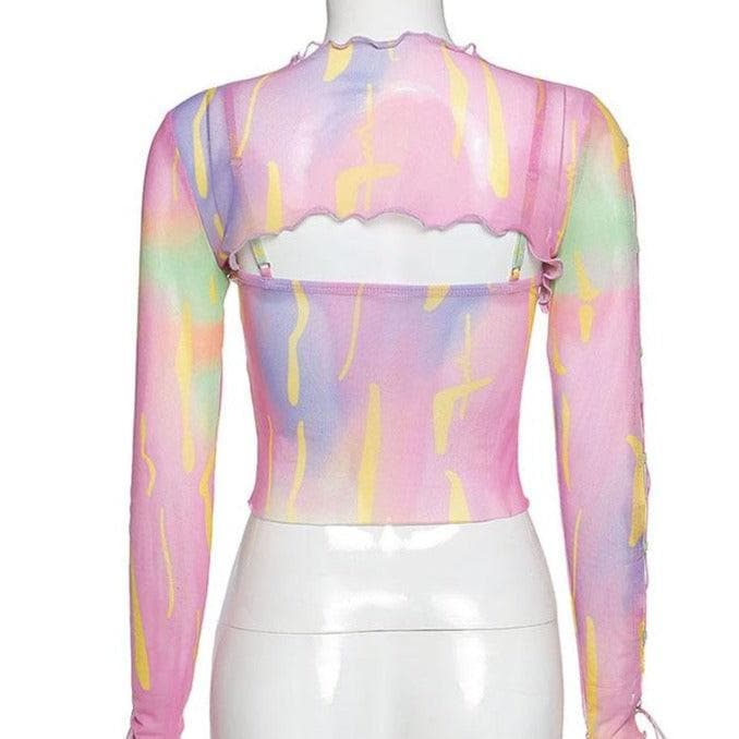 Long sleeve ruffled hollow out mesh cut out top – image 5