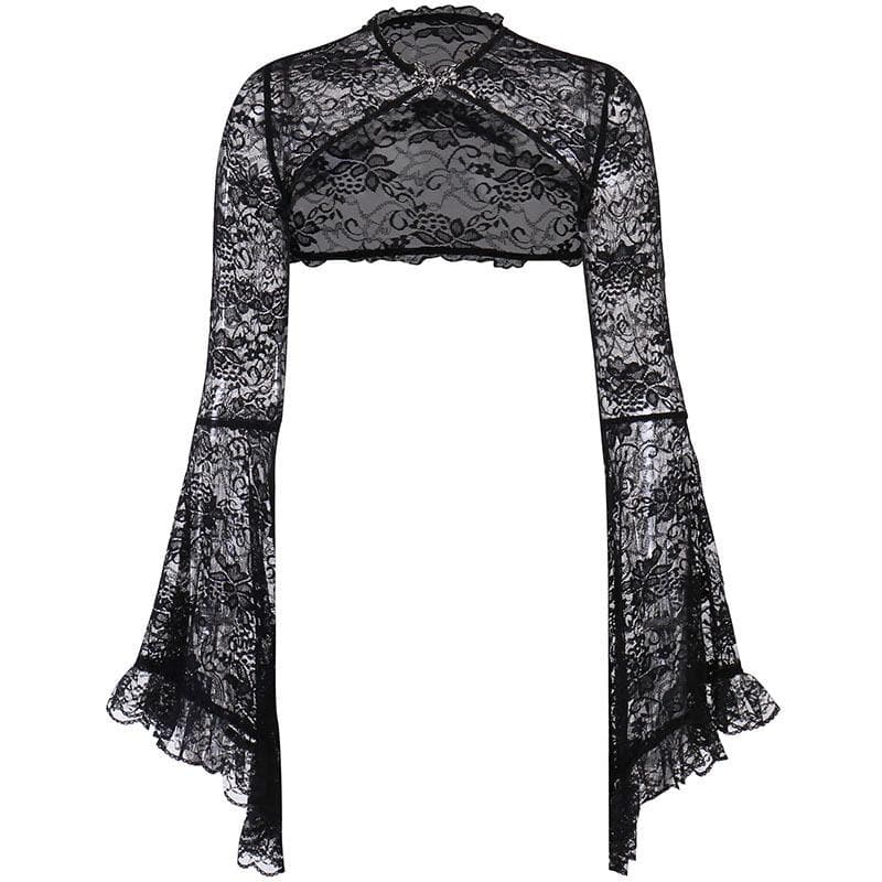 Solid flared sleeve lace hem button hollow out shrug cut out top – image 2