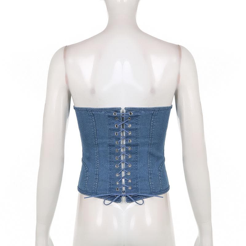 Denim lace up back heart neck tube top – image 5