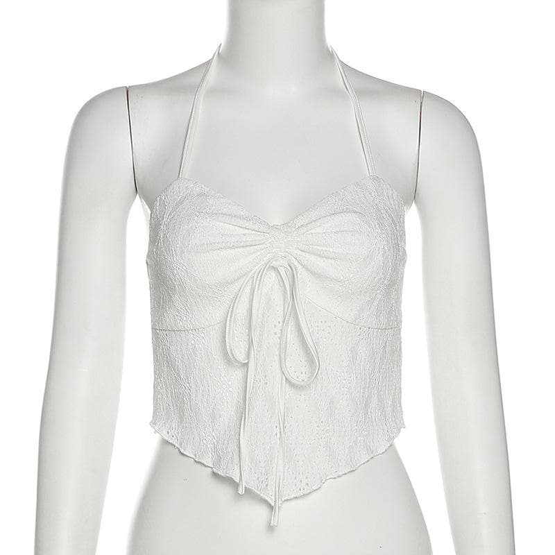 Backless self tie textured halter sleeveless ruffle crop top – image 3