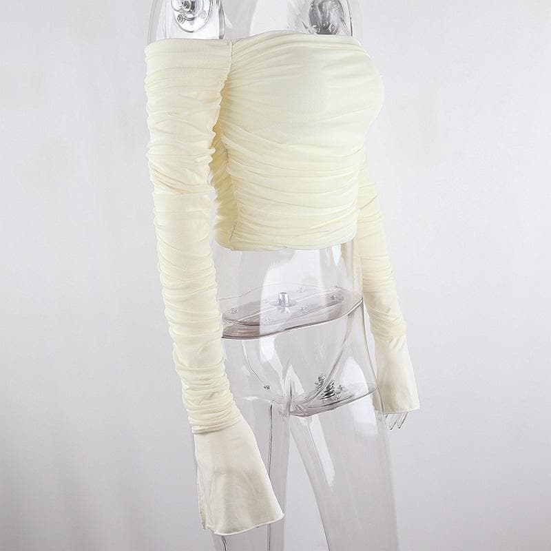 Double layered mesh off shoulder ruched long sleeve solid crop top – image 10