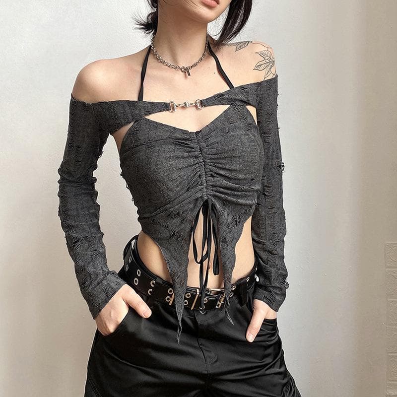 Ruched drawstring long sleeve halter slit off shoulder 2 piece top – image 3