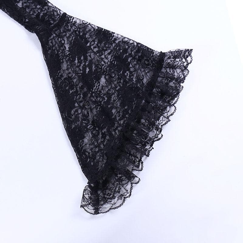Solid flared sleeve lace hem button hollow out shrug cut out top – image 6