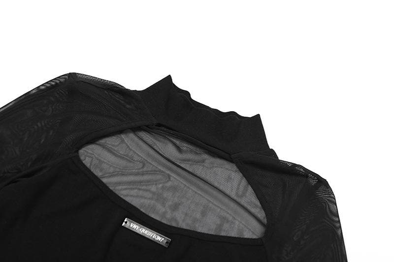 Hollow out mesh patchwork long sleeve contrast bodysuit – image 8