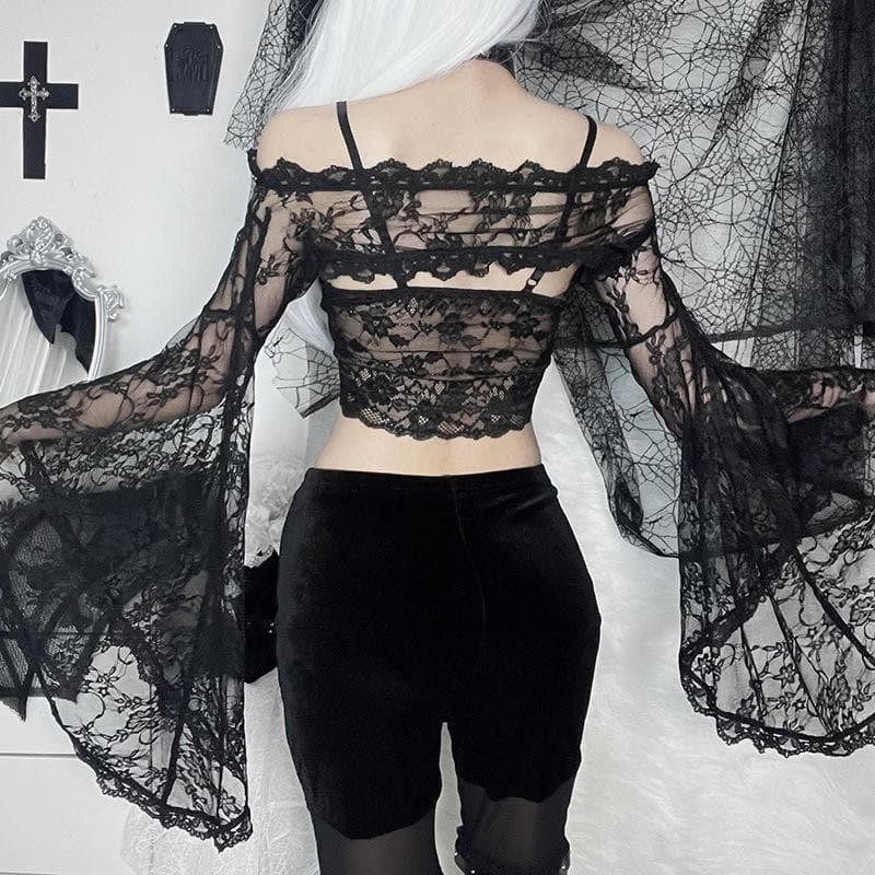 Lace off shoulder flared sleeve solid button shrug top – image 6