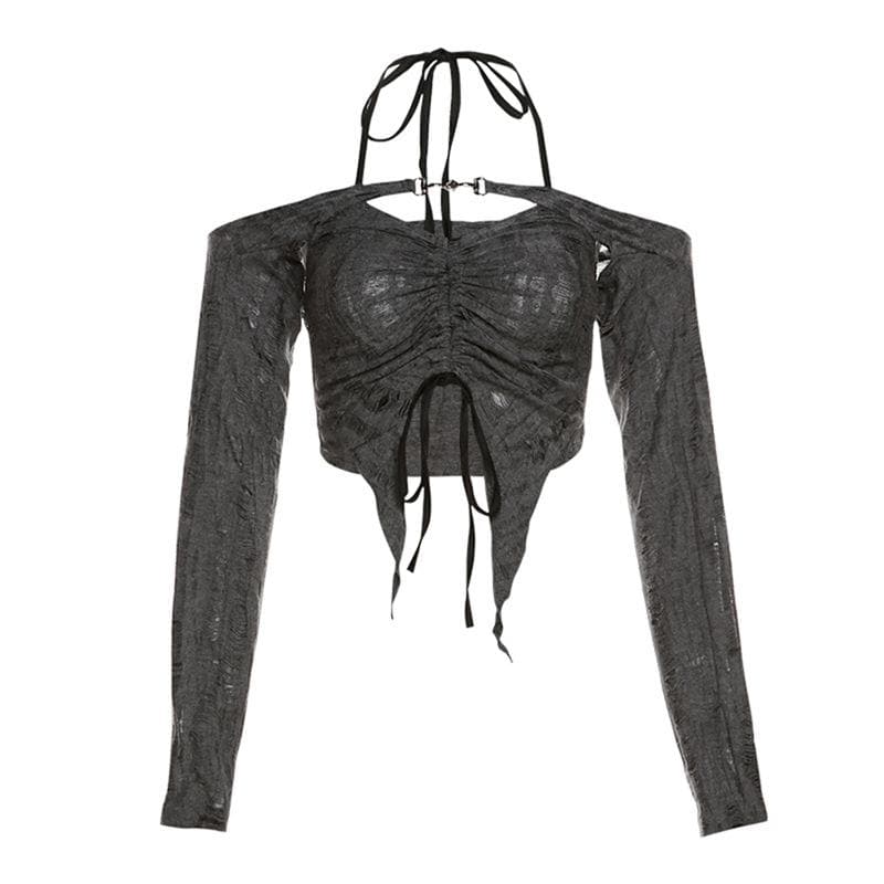 Ruched drawstring long sleeve halter slit off shoulder 2 piece top – image 2