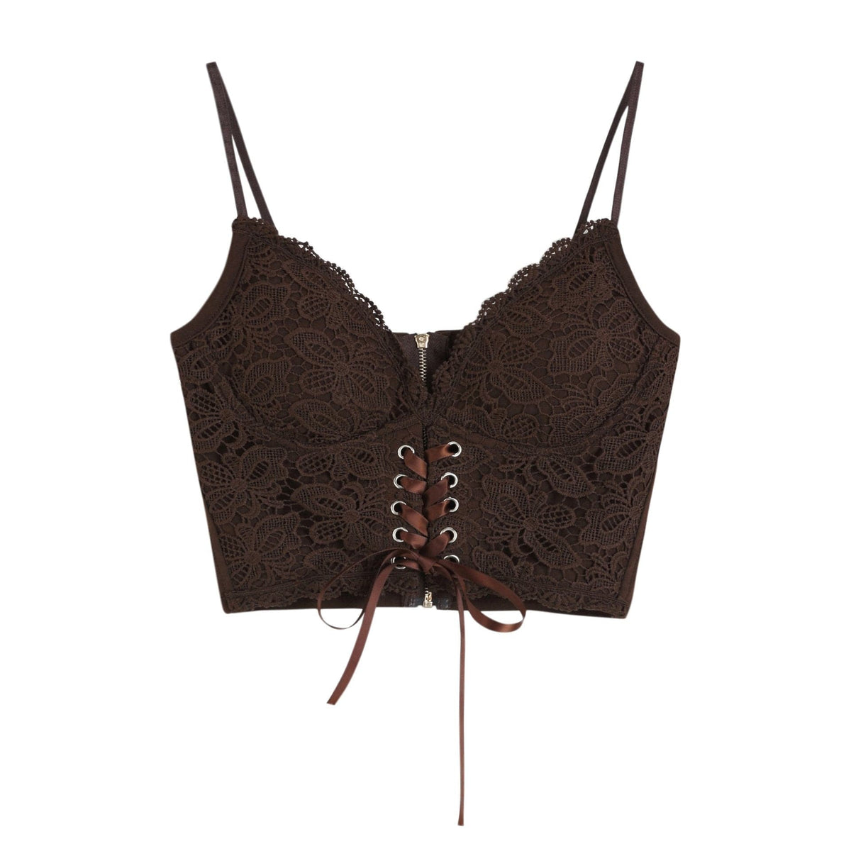 V neck heart neck solid lace up zip-up lace hem cami top – image 3