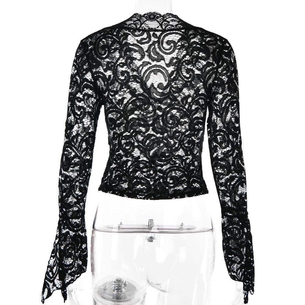Flared sleeve v neck lace see through solid top – image 7