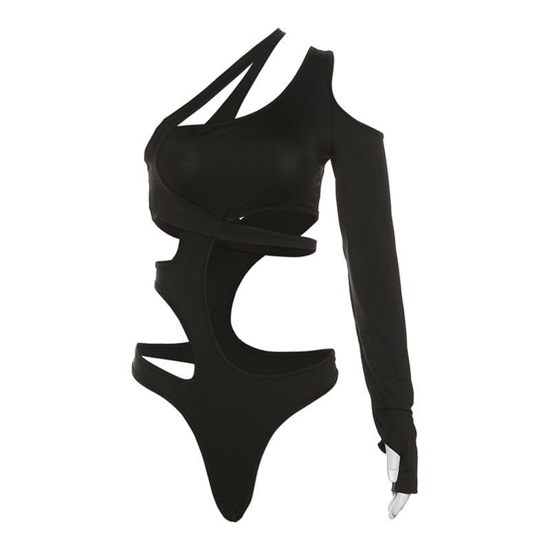 Hollow out irregular one shoulder solid gloves bodysuit – image 3