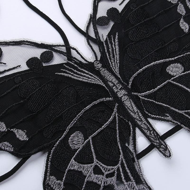 Butterfly pattern embroidery halter self tie backless crop top – image 6
