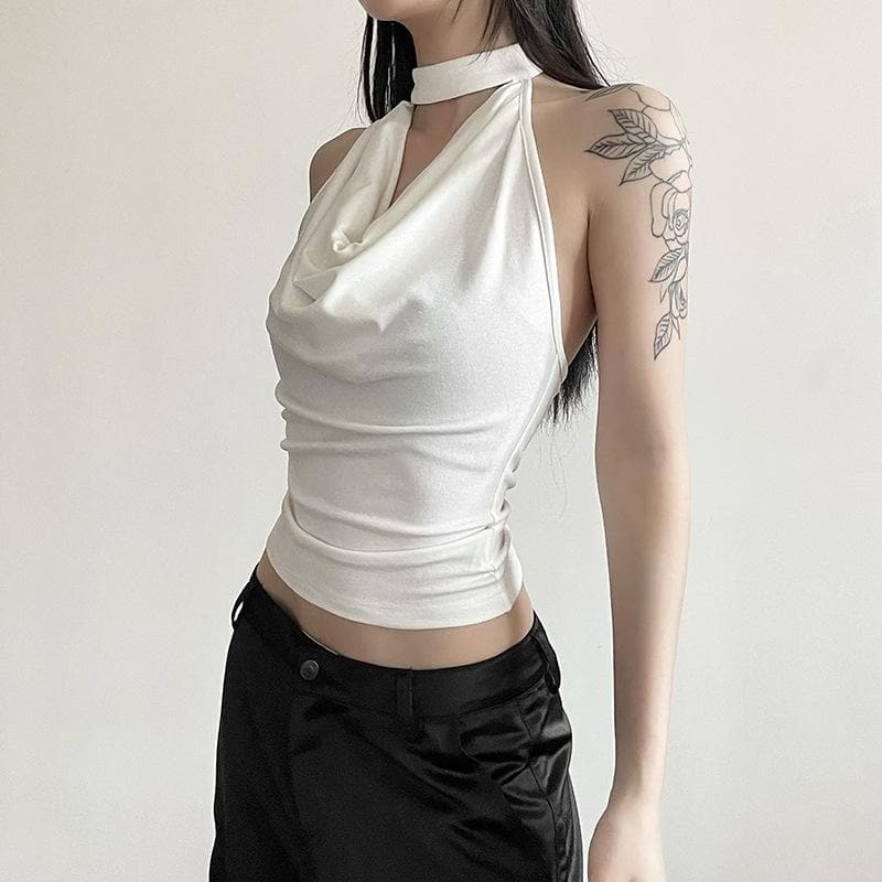 Cowl neck halter solid backless button sleeveless top – image 7