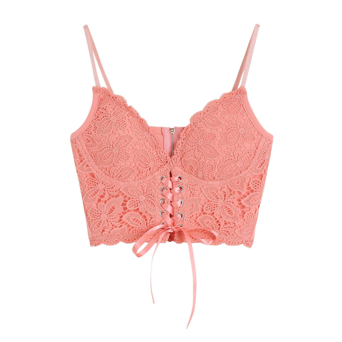 V neck heart neck solid lace up zip-up lace hem cami top – image 2