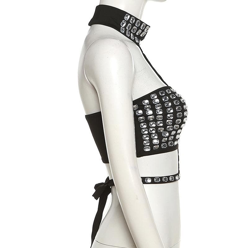 Beaded contrast halter hollow out backless crop cut out top – image 5