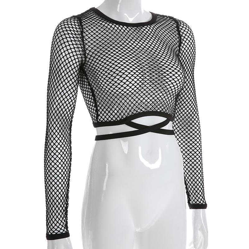 Round neck long sleeve tie back fishnet top – image 3