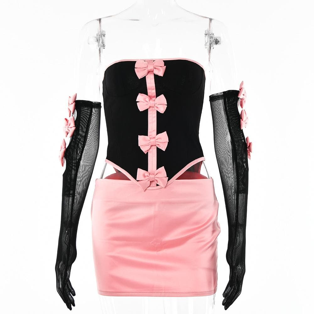 Mesh contrast bowknot gloves lace up tube backless mini skirt set – image 3