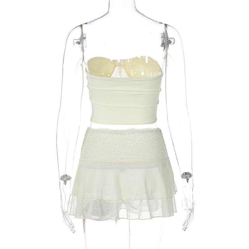 Mesh solid sleeveless backless lace hem tube top skirt set – image 8