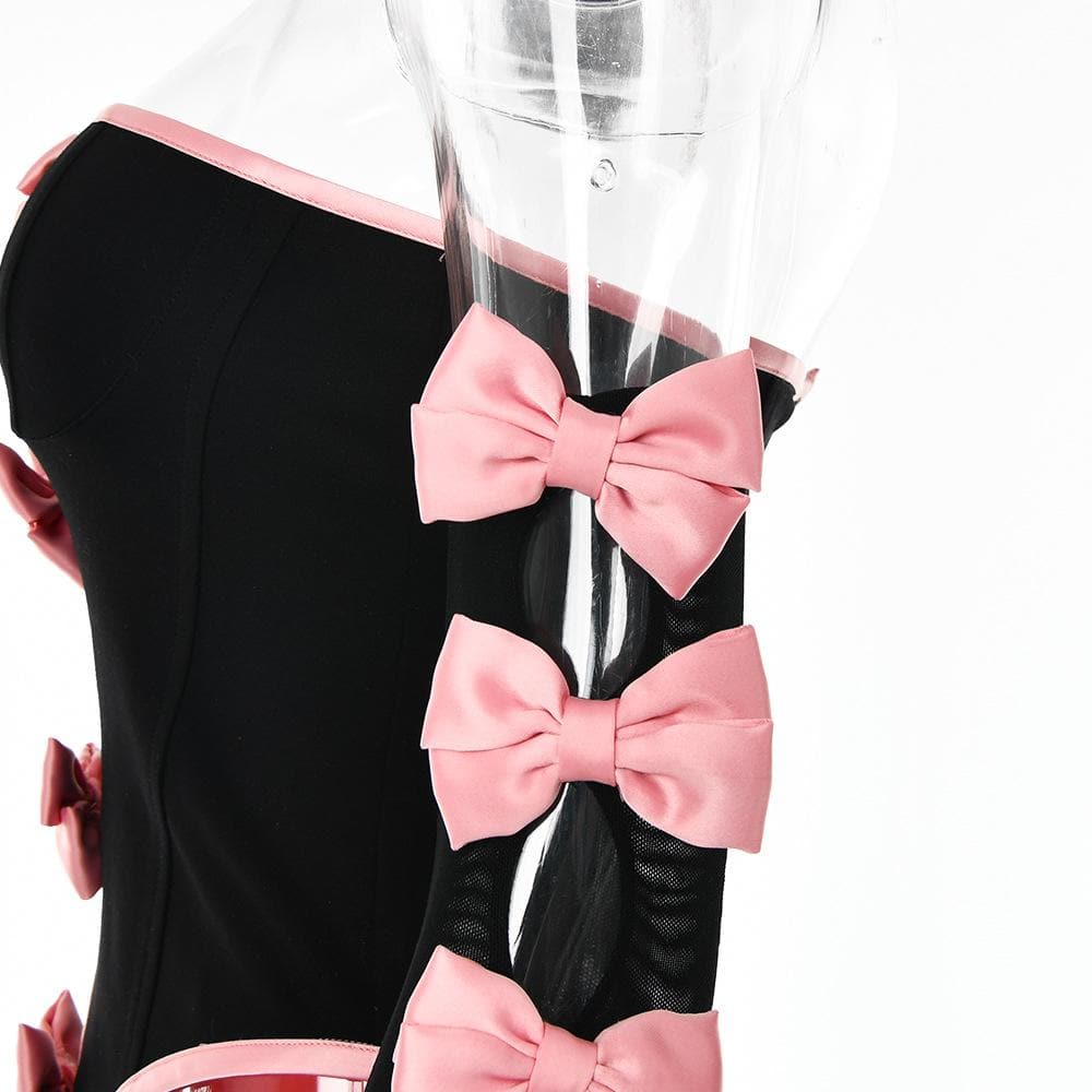 Mesh contrast bowknot gloves lace up tube backless mini skirt set – image 6