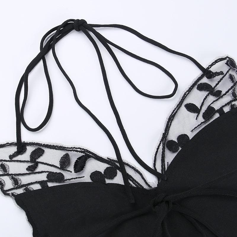 Butterfly pattern embroidery halter self tie backless crop top – image 8