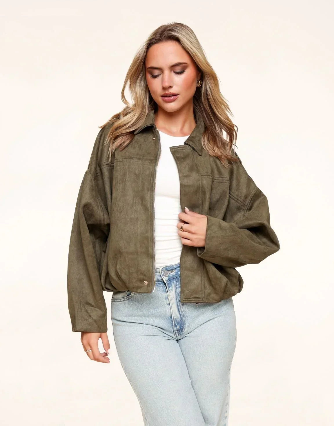 Khaki Suede Bomber Jacket – image 3