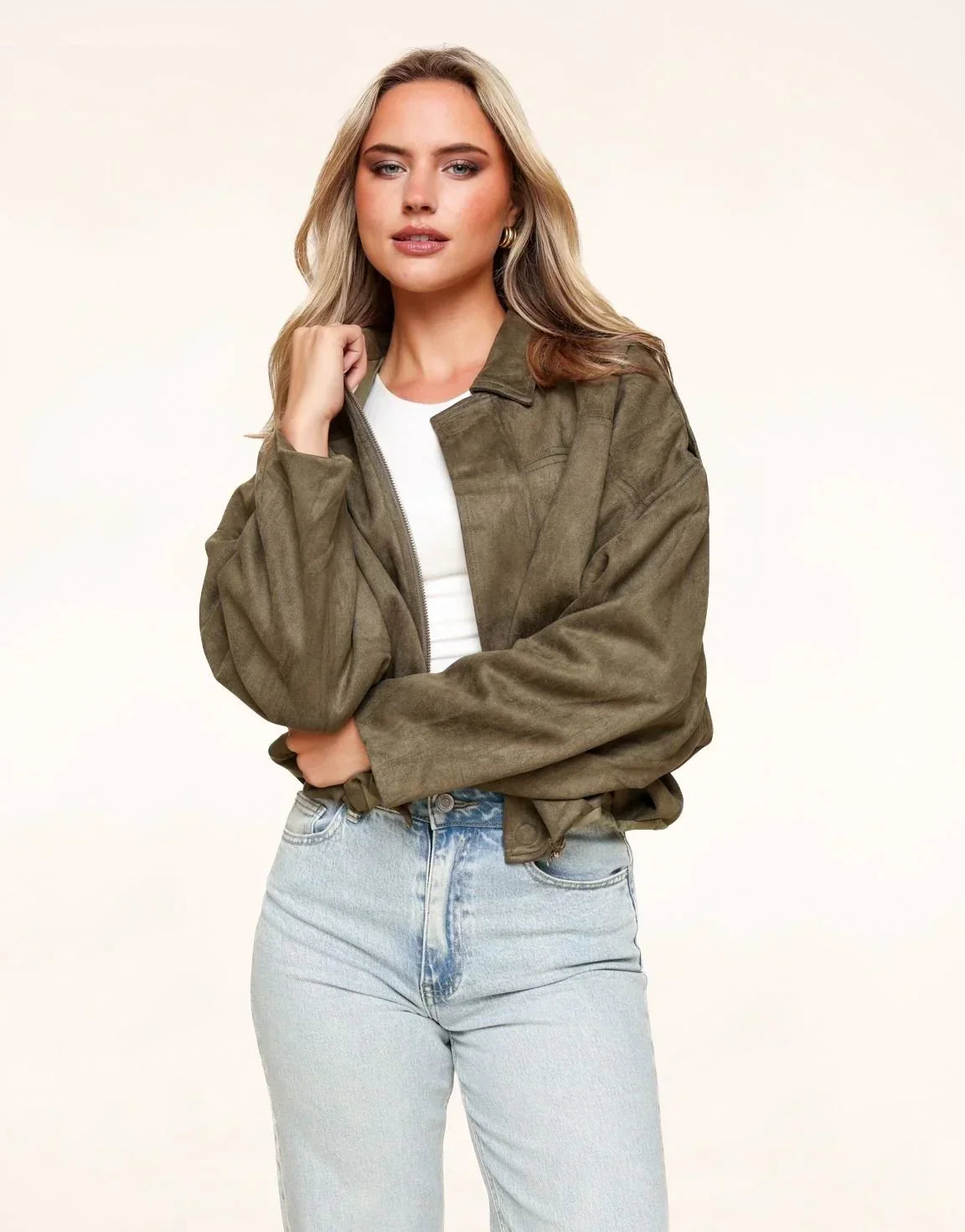 Khaki Suede Bomber Jacket – image 1