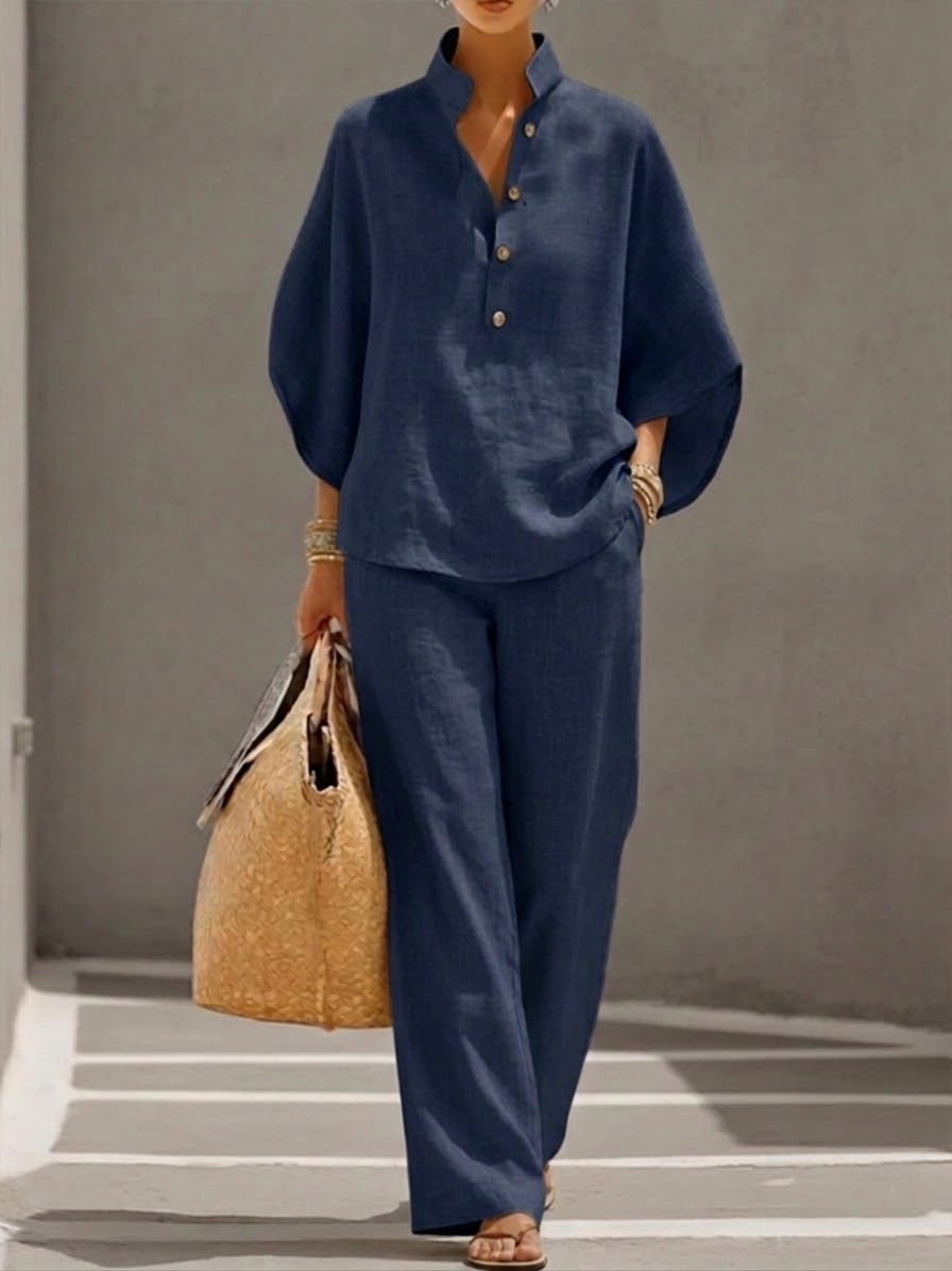 The Beckham Set – Cotton-linen set with batwing sleeves and wide-leg trousers – image 1